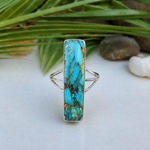 925 Sterling Silver Blue Copper Turquoise <b>Statement</b> <b>Ring</b> Handmade Rectangle Stone Jewelry Gift for Her - Product Image 4