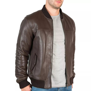 Unisex <b>Brown</b> Sheep Skin <b>Leather</b> Bomber <b>Jacket</b> Stand Zipper Closure Regular Fit Winter Wear Canvas Front Anti-Bacterial Windproof - Product Image 4
