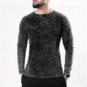 Wholesale Organic Cotton Custom Logo Acid Wash T Shirt Premium Quality Long Sleeve Casual Henley Collar Vintage Washed - Product Image 4