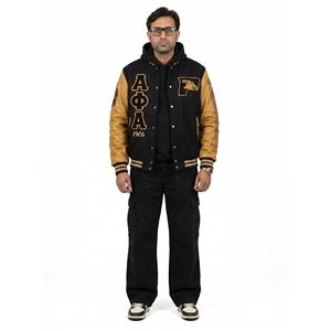 Veste universitaire de style streetwear haut de gamme pour homme, en laine méltone épaisse, avec logo brodé sur le devant en cuir véritable, personnalisable OEM. - Product Image 1