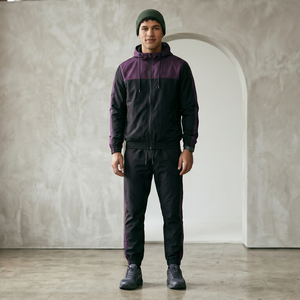 <b>Men's</b> Purple Black Color Block Hooded Tracksuit Set Windproof Sporty Full Sleeve Autumn Activewear Regular Fit Zipper Closure - Product Image 1