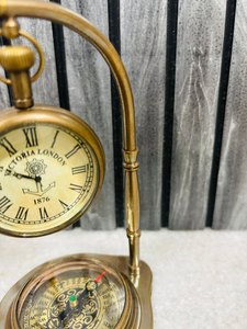 Antique Brass <b>Desk</b> <b>Clock</b> with Compass Vintage Nautical Tabletop Timepiece Retro Office Home Decor - Product Image 3
