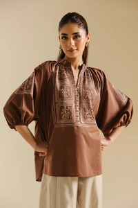 Brown Embroidered Women Kurta Palazzo Pants Set Indian Pakistani Clothing for Daily Wear - Product Image 4