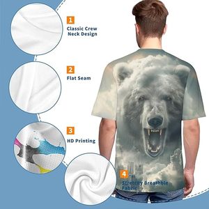 T-shirt à manches courtes pour homme, col rond, imprimé graphique tête d'ours Cloud City, coupe ample, style streetwear décontracté, 100% coton tricoté - Product Image 5