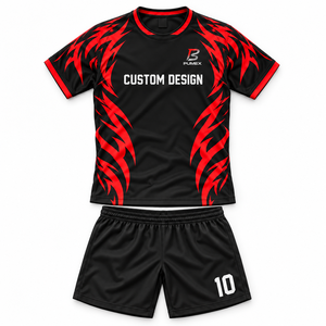Ensemble de football pour hommes adultes pour clubs, maillot et short de football rouge et noir, col rond, coupe athlétique, uniforme respirant - Product Image 6