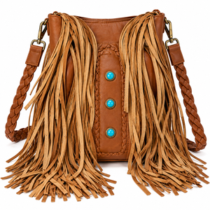 Bolso de Hombro Boho de Cuero Genuino con Flecos, Bolso Bandolera Hecho a Mano con Piedra Turquesa, Gran Capacidad, para Uso en Exteriores, a la Moda - Product Image 1