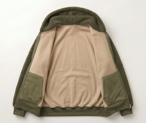 Veste à capuche en polaire vert olive pour homme, fermeture éclair, style décontracté, vêtement d'automne, coupe classique, doublure en sherpa, épaisse et chaude - Product Image 3