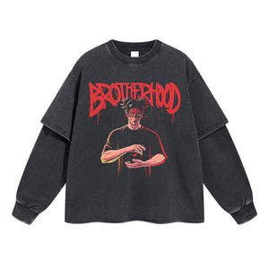 Acid Washed Hip Hop Sun Fade Double Layer 100% Cotton Long Sleeve T-Shirts 280 Grams Woven Fabric O-Neck Sun Print Pattern - Product Image 1