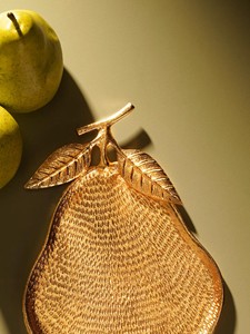 Gold Pear-Shaped <b>Decorative</b> Serving <b>Plate</b> with Leaf Handle Textured Aluminum Fruit Tray for Party Table Decor Eco-Friendly - Product Image 5