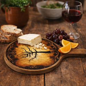 Plateau à pizza en bois artisanal avec poignée, plateau rond en bois, artisanat indien rustique, planche de service pour la cuisine - Product Image 1