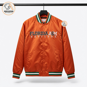High Quality Wholesale Glossy Satin FAMU Bomber Jacket Custom <b>Covered</b> <b>Button</b> Rib Varsity Outerwear Hooded Eco-Friendly - Product Image 1