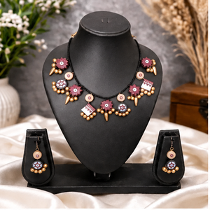 Folk Art <b>Sewing</b> Textile Necklace and Earring Set Painted Floral Wedding Statement Jewelry for Women Gifts - Product Image 2