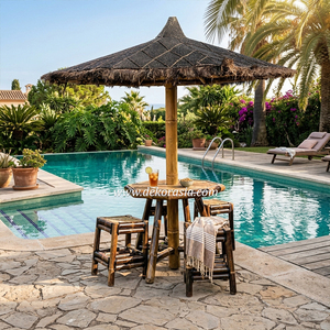 Natural Bamboo Outdoor <b>Table</b> Set with Umbrella Roof and Bar Chairs for Garden <b>Patio</b> Resort Furniture Decor - Product Image 4