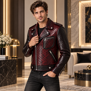 Men's Red Black Solid Genuine Leather Streetwear Winter Moto Biker <b>Jacket</b> <b>Zipper</b> <b>Pockets</b> Slim Fit - Product Image 6