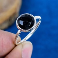 Bague artisanale en argent sterling 925 avec pierre précieuse en quartz noir naturel Monalisa de forme ronde