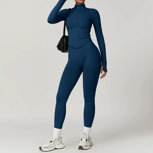 Yoga Set Women High Waist Leggings Full Length Turtleneck Zipper <b>Top</b> 2 Piece Solid <b>Sweat</b>-Wicking Breathable Seamless - Product Image 1