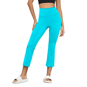 Leggings de yoga taille haute mi-mollet noirs unis en Spandex et Polyester avec taille élastique, pantalon de sport pour femme, tenue d'entraînement - Product Image 4