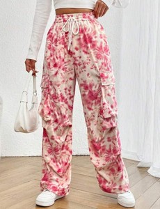 Pantalon cargo décontracté taille haute pour femme, nouvelle collection automne, coupe large, en pur coton, avec plusieurs poches, broderie, style devant plat - Product Image 6