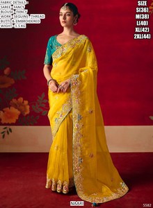 Sari traditionnel brodé jaune pour femmes, idéal pour les occasions de fête - Product Image 1