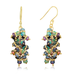 Natural Black <b>Opal</b> Beaded Dangle <b>Earrings</b> Gold Plated Smooth Rondelle Gemstone French Hook Bohemian Party for Women - Product Image 1