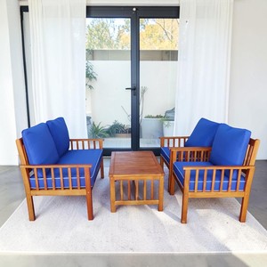 <b>Garden</b> Set 4 Seater Modern Design Outdoor Furniture with Blue Cushions Weather Resistant Solid Wood Frame - Product Image 2