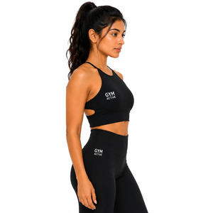 Ensemble 2 pièces pour femme : Soutien-gorge de sport à maintien élevé et crop top à carreaux noirs, et Legging taille haute. Tenue de sport personnalisée pour la gym, le yoga, l'entraînement et le fitness. - Product Image 2