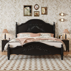 Cadre en bois massif noir mat avec un délicat motif floral sculpté à la main sur la tête et le pied du lit, disponible en gros. - Product Image 1