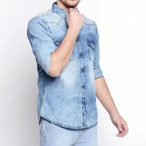 Chemise en jean délavée pour homme, en coton vieilli, manches longues, double poches, finition délavée rétro, chemises en jean décontractées - Product Image 1