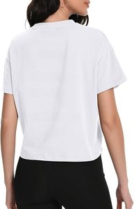Women's White Gym <b>Cropped</b> T-Shirt Short Sleeve Crew Neck Workout Solid Color Knitted Cotton <b>Top</b> - Product Image 2