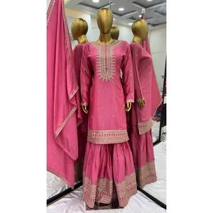 Haut de travail à broderie lourde pour femme-Ensemble Plazzo et Dupatta Costume de fête élégant - Product Image 1
