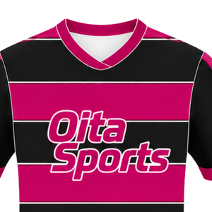Maillot de rugby rose vif et noir à manches courtes, col rond, rayé, pour l'entraînement et les matchs sportifs - Product Image 3