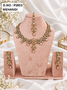 Pear Cut Stone Floral Pattern Necklace <b>Set</b> With Matching Earrings & Mang Tika Antique <b>Gold</b> Plated Fashion Jewelry <b>Set</b> Wholesaler - Product Image 3
