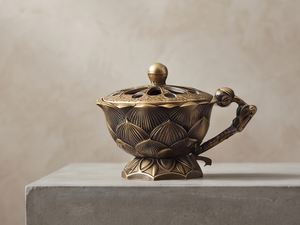 Wholesale Gold Metal <b>Incense</b> Censer Lotus Flower Stand Sculpted Handle <b>Cone</b> Holder Cutout Lid - Product Image 2