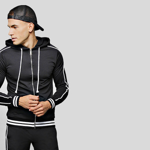 Men's Black Hooded Tracksuit Full <b>White</b> <b>Zip</b> <b>up</b> Casual Solid Color Polyester Sweatshirt and Pants Set Regular Fit Autumn Wear - Product Image 4