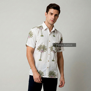 Chemise à manches courtes pour homme en coton 100% Sanganeri, imprimé à la main, écologique, séchage rapide, motif palmier tropical, été - Product Image 2