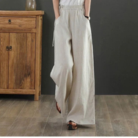 Pantalon large en lin pour femme, taille haute, avec cordon élastique, en coton, décontracté, avec poches