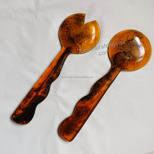 Handmade Kitchen Salad Tools Yellow Brown Orange Resin Swirl <b>Server</b> Spoon Wood Metal Material Wave Design Dishwasher Safe BPA - Product Image 3