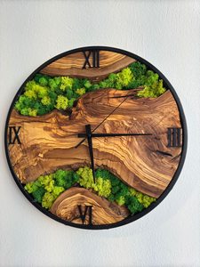 Handmade Olive Wood Moss <b>Wall</b> <b>Clock</b> Rustic Natural Home Eco-Friendly Wooden Moss <b>Clock</b> <b>Unique</b> Forest-Inspired Home Decor Piece - Product Image 2