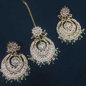 <b>Gold</b> Plated Kundan Fine Jewelry <b>Set</b> with Designer Dangler <b>Earrings</b> and Green Maang Tikka for Brides - Product Image 1