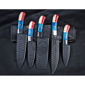 New Arrival Custom Handmade <b>Sharp</b> Chef <b>Knife</b> J2 Stainless Steel Powder Coated Hammered Blade 5-Piece Kitchen <b>Knives</b> <b>Set</b> W/Wood - Product Image 1