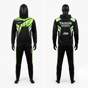 Ensemble de survêtement d'entraînement de hockey sur gazon personnalisé en tricot de polyester 220 GSM avec capuche, panneaux noir, vert et blanc, logo thermocollé - Product Image 1