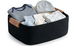 Panier de rangement rectangulaire tissé avec poignées en cuir, design minimaliste pour l'organisation du salon, 50x40x30cm, fibre de rotin - Product Image 2