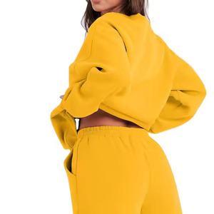 Women 2 Piece <b>Set</b> Solid Color Yellow Knitted Sweatshirt Shorts Regular Fit Casual Hooded Full Sleeve Spring Summer Wear Hoodie - Product Image 2