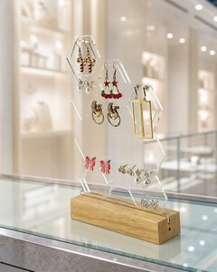 <b>Acrylic</b> Jewelry <b>Display</b> <b>Stand</b> with Wooden Base | Earring Holder for Retail & Home - Product Image 1