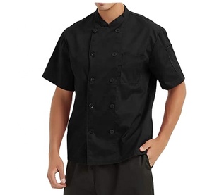 White Black Spun Polyester Unisex <b>Short</b> <b>Sleeve</b> Chef Coat <b>Jacket</b> Uniforms with Button - Product Image 1