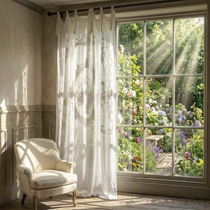 Custom Wholesale Quang Thanh Embroidery Vintage Modern Linen Flower Basket <b>Curtain</b> Cotton Ribbon Full Sizes Door <b>Window</b> Home - Product Image 1