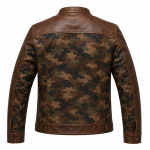 เสื้อแจ็คเก็ตหนังเทียมลายจระเข้สีดำสำหรับผู้ชาย แขนเสื้อลายพราง รับผลิตแบบ OEM ODM พร้อมสกรีนโลโก้ แบรนด์ส่วนตัว ขายส่งเสื้อผ้าชั้นนอก - Product Image 2