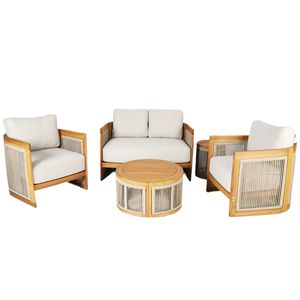 Set di Mobili da Patio in Legno di Acacia a 4 Pezzi con Cuscini Beige e Tavolino Finitura Teak per Uso Esterno - Product Image 3