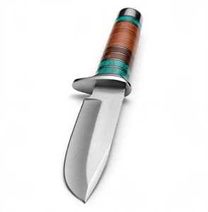 Outil utilitaire d'extérieur à lame fixe, fabriqué à la main, avec manche empilé turquoise et bois - Product Image 1