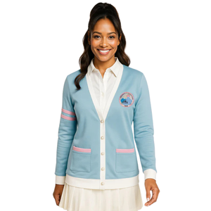 Cardigan Varsity Jack and Jill bleu clair pour femme, pull en tricot premium avec patch de blason, boutons perlés, coupe classique - Product Image 1